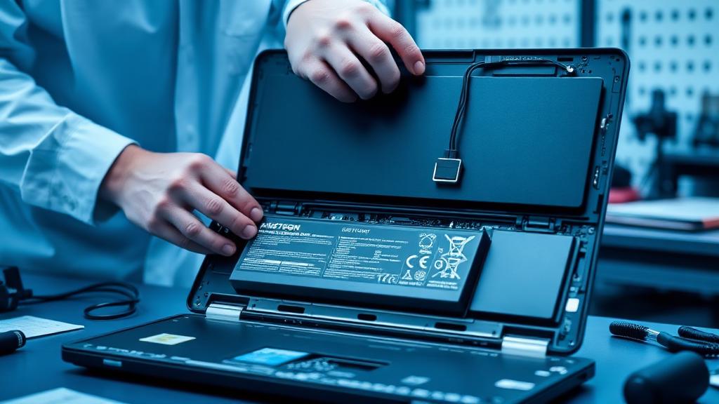 Technician fitting a new laptop battery into an opened laptop