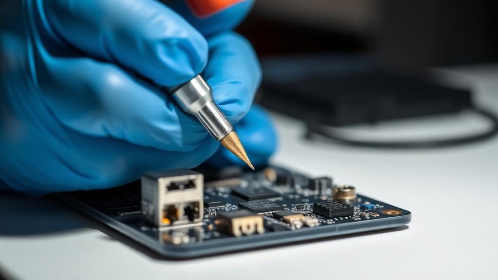 Technician soldering a laptop charging port connector on the board