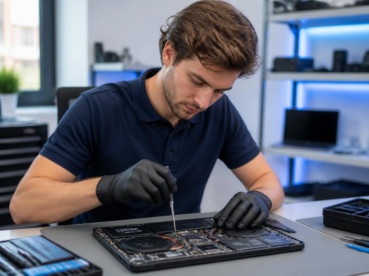Laptop technician repairing an opened laptop motherboard at a service workbench in Pune