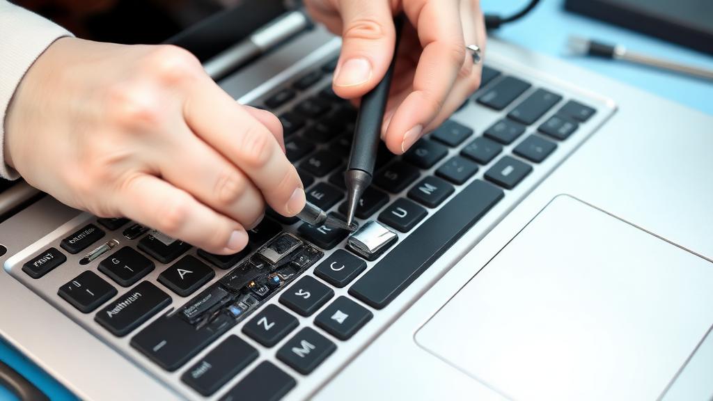 Close-up of a laptop keyboard being repaired and replaced by a technician